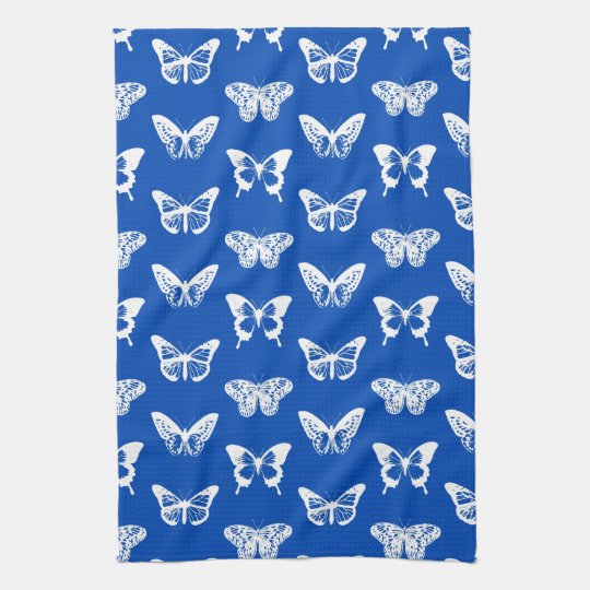 Butterfly sketch, cobalt blue and white kitchen towel