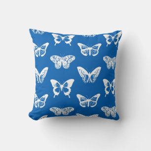 Butterfly sketch, cobalt blue and white throw pillow