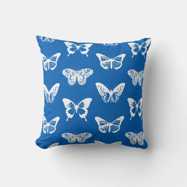 Butterfly sketch, cobalt blue and white throw pillow (Front)
