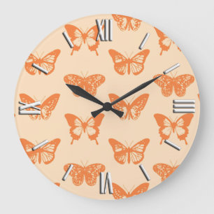 Butterfly sketch, coral orange large clock