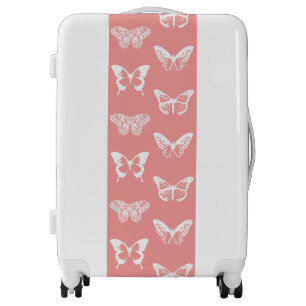 Butterfly sketch, coral pink and white luggage