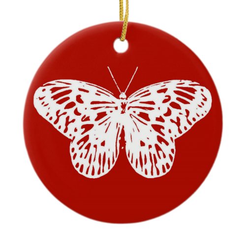 Butterfly sketch, deep red and white ceramic ornament