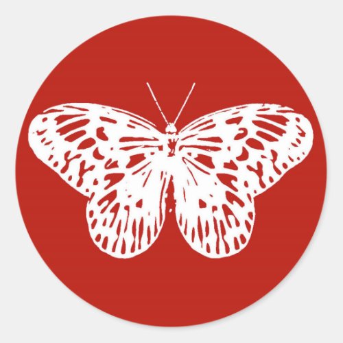 Butterfly sketch deep red and white classic round sticker