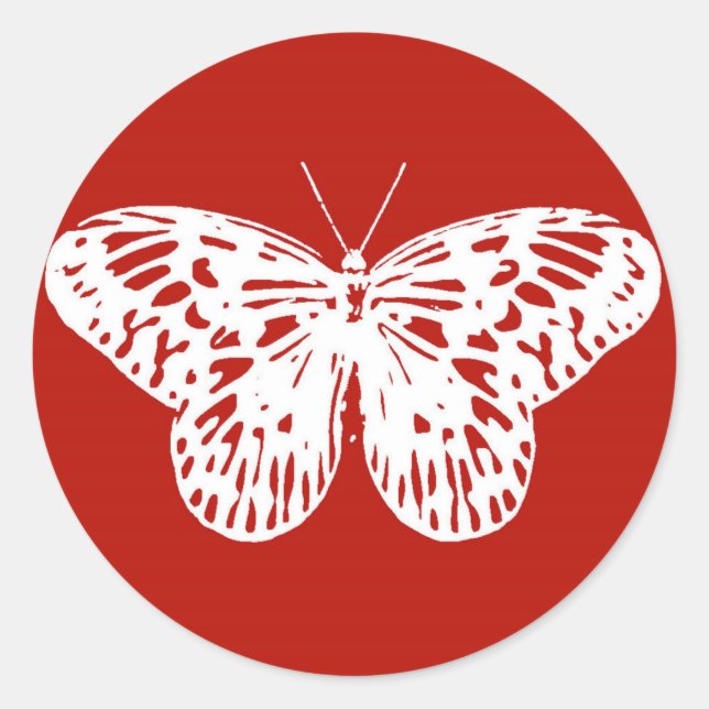 Butterfly sketch, deep red and white classic round sticker (Front)