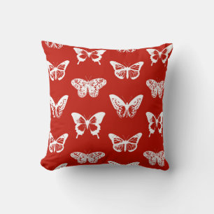 Butterfly sketch, deep red and white throw pillow