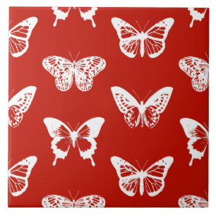 Butterfly sketch, deep red and white tile