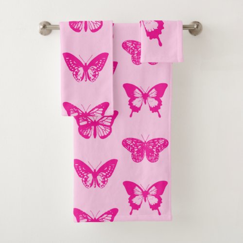 Butterfly sketch light pink and fuchsia bath towel set
