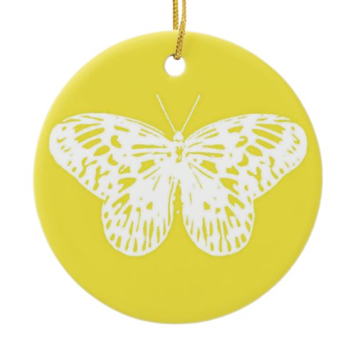 Butterfly sketch, mustard gold and white ceramic ornament