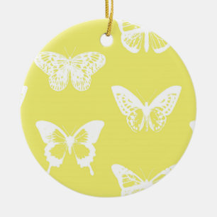 Butterfly sketch, mustard gold and white ceramic ornament