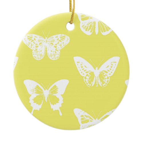 Butterfly sketch, mustard gold and white ceramic ornament