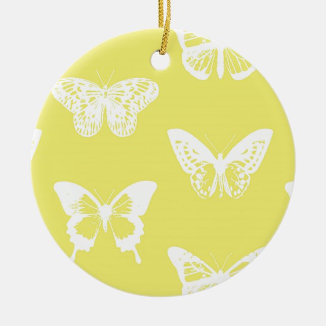 Butterfly sketch, mustard gold and white ceramic ornament (Front)