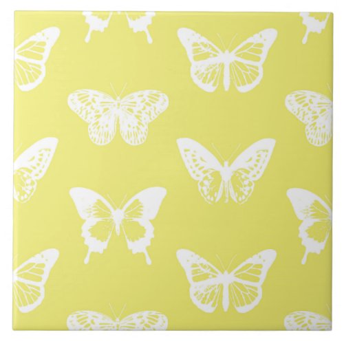 Butterfly sketch mustard gold and white ceramic tile