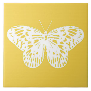 Butterfly sketch, mustard gold and white ceramic tile