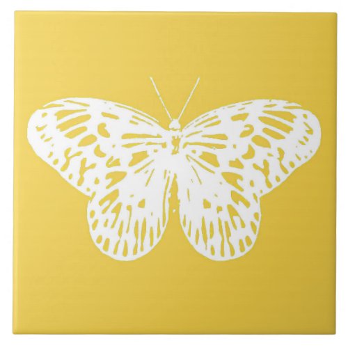 Butterfly sketch mustard gold and white ceramic tile