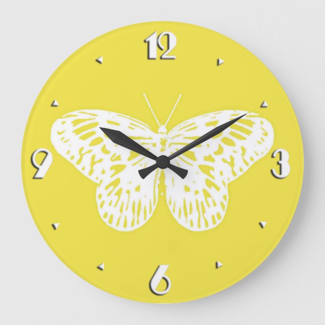 Butterfly sketch, mustard gold and white large clock (Front)