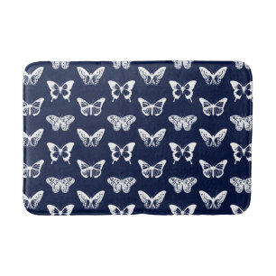 Butterfly sketch, navy blue and white bathroom mat