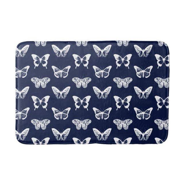 Butterfly sketch, navy blue and white bathroom mat (Front)