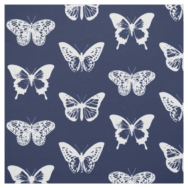 Butterfly sketch, navy blue and white fabric (Swatch)