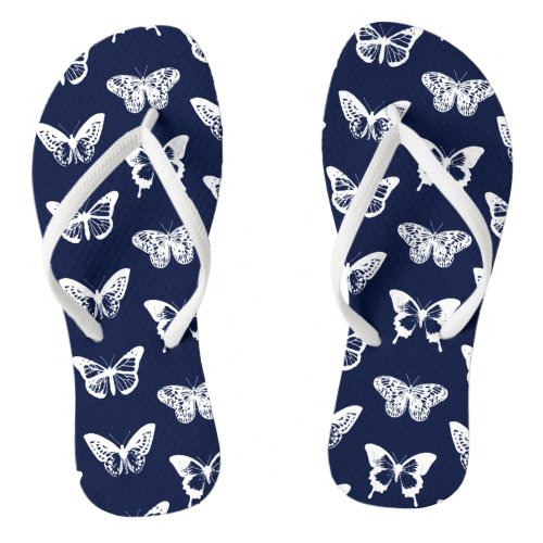 Butterfly sketch navy blue and white flip flops