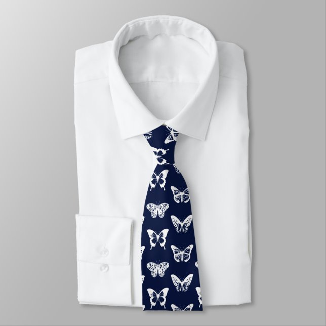 Butterfly sketch, navy blue and white neck tie (Tied)