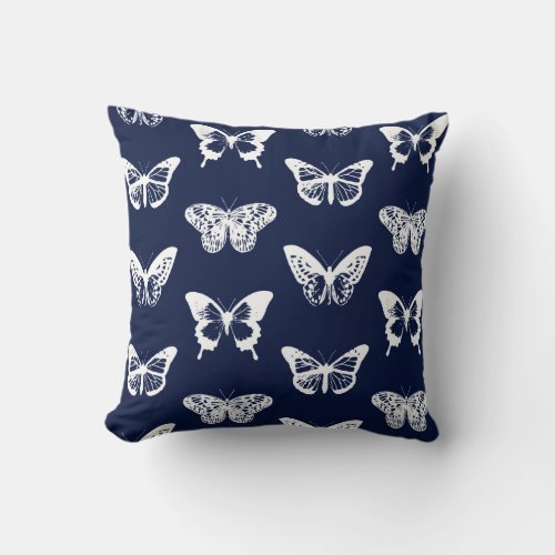 Butterfly sketch navy blue and white throw pillow