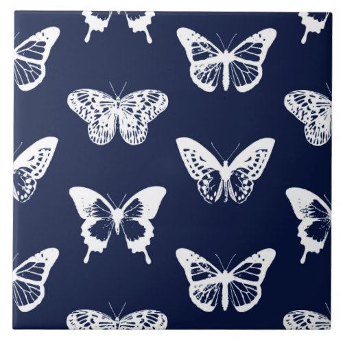 Butterfly sketch navy blue and white tile
