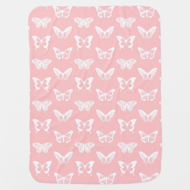 Butterfly sketch, shell pink and white baby blanket (Front)