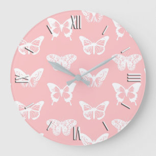 Butterfly sketch, shell pink and white large clock