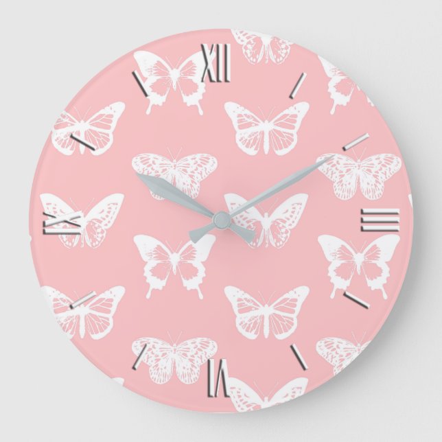 Butterfly sketch, shell pink and white large clock (Front)