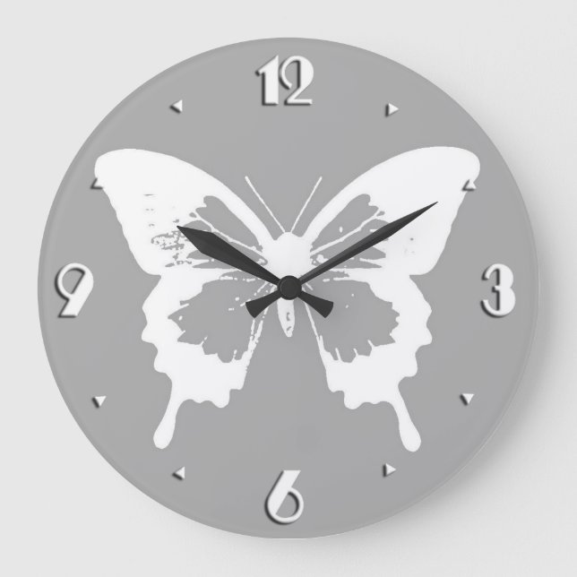Butterfly sketch, silver gray and white large clock (Front)