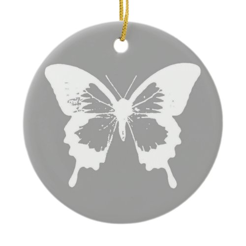 Butterfly sketch, silver grey and white ceramic ornament