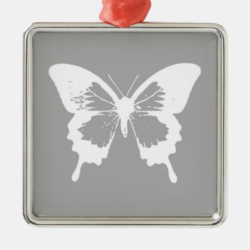 Butterfly sketch silver grey and white metal ornament