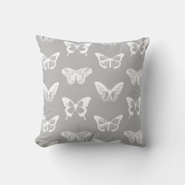 Butterfly sketch, silver grey and white throw pillow (Front)