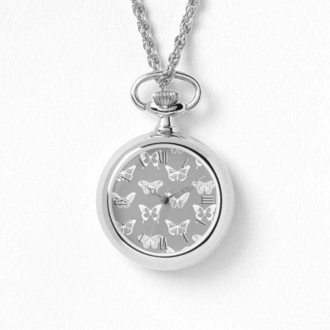 Butterfly sketch, silver grey and white watch (Front)