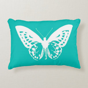 Butterfly sketch, turquoise and white accent pillow