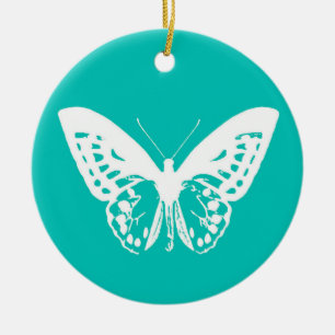 Butterfly sketch, turquoise and white ceramic ornament