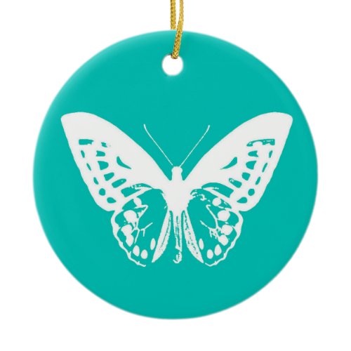 Butterfly sketch, turquoise and white ceramic ornament