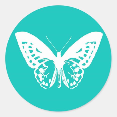 Butterfly sketch turquoise and white classic round sticker