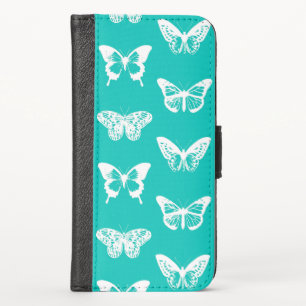Butterfly sketch, turquoise and white iPhone walle X Wallet Case