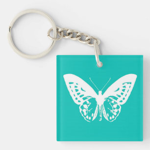 Butterfly sketch, turquoise and white keychain