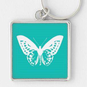 Butterfly sketch, turquoise and white keychain
