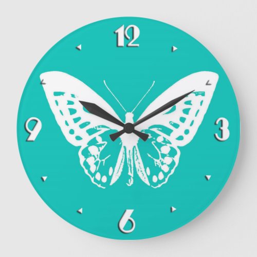 Butterfly sketch turquoise and white large clock