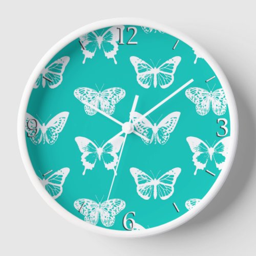 Butterfly sketch turquoise and white wall clock