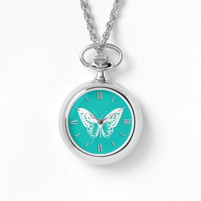Butterfly sketch, turquoise and white watch (Front)