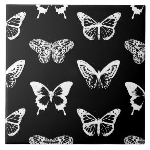 Butterfly sketch, white and black ceramic tile