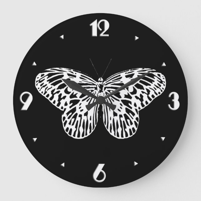 Butterfly sketch, white and black large clock (Front)
