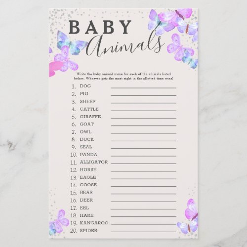 Butterfly Skies Baby Shower Baby Animals Game
