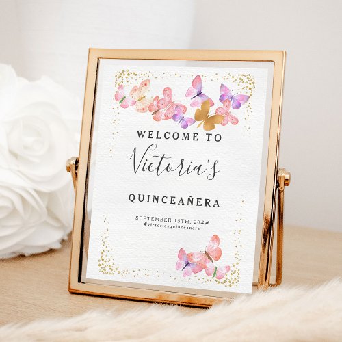 Butterfly Skies Coral Gold Butterflies Welcome Poster