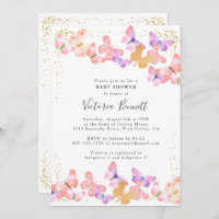 Butterfly Skies Coral Gold Confetti Baby Shower Invitation