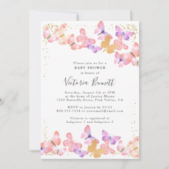 Butterfly Skies Coral Gold Confetti Baby Shower Invitation | Zazzle